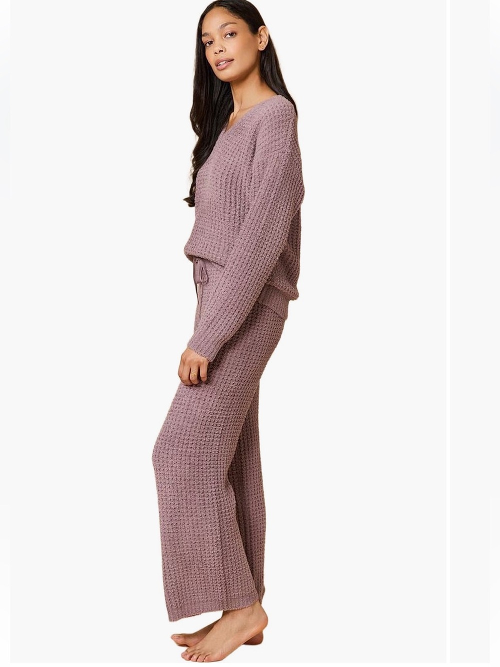 NWT Softies Cozy V-Neck Waffle Knit Pajama Set in Driftwood size M - Picture 3 of 8